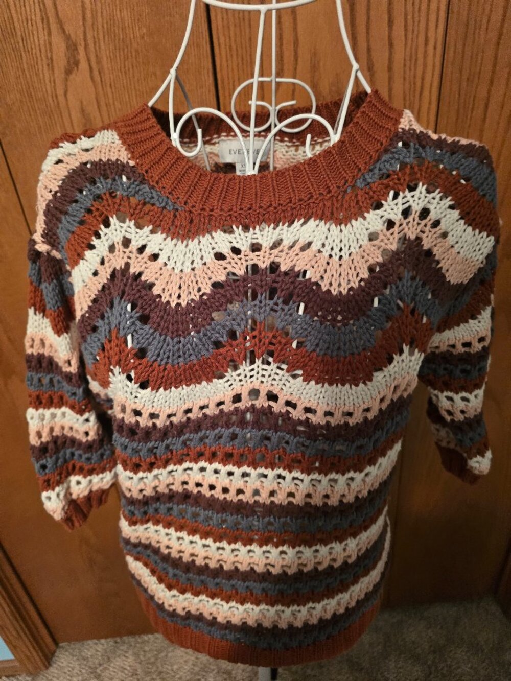Evereve XS Open Knit Chevron Stripe Sweater 100% Cotton Rust Pink Blue Boho Pull